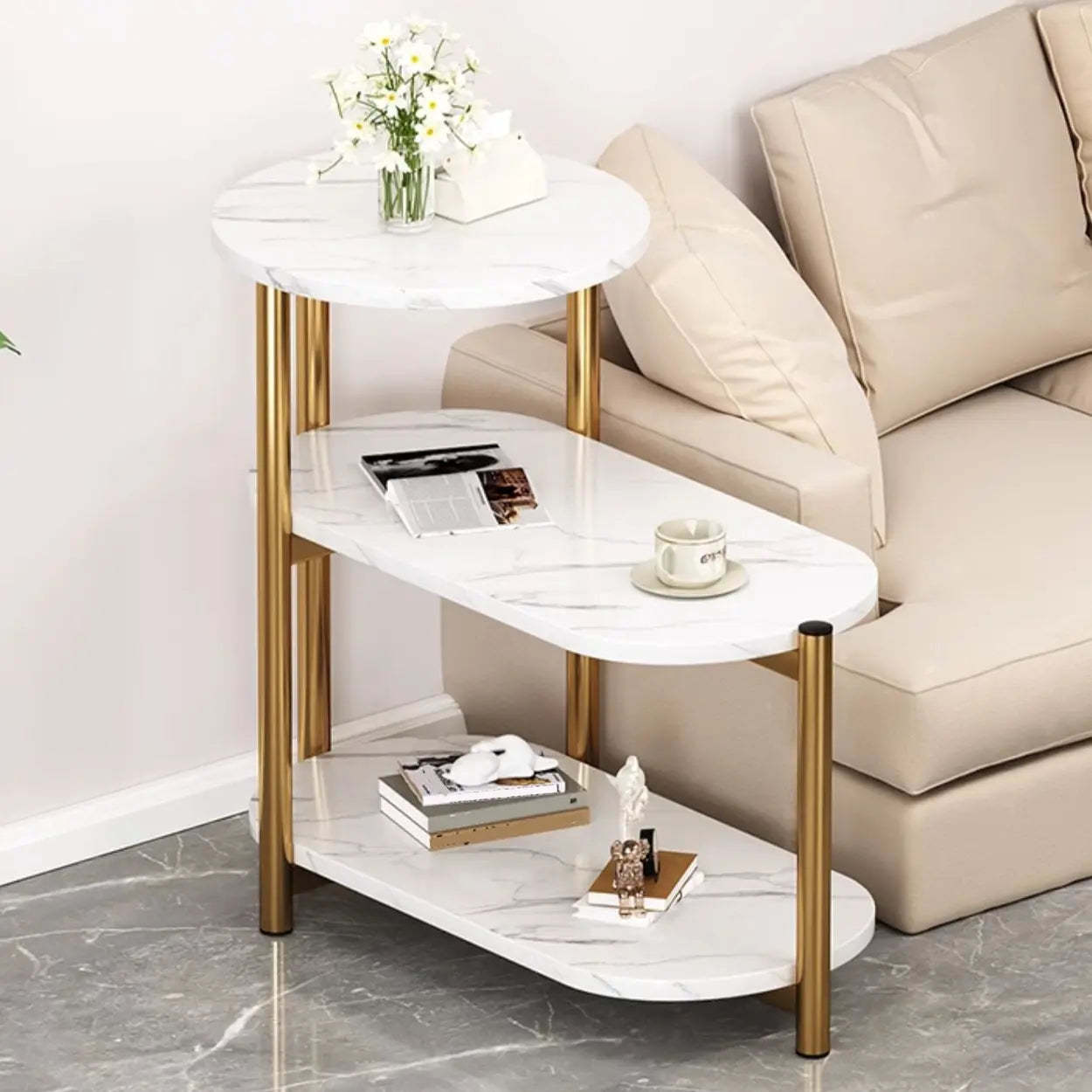 Oval Round Black Marble 3-Tier End Table — White