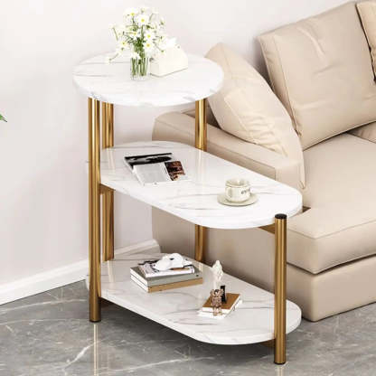 Oval Round Black Marble 3-Tier End Table — White