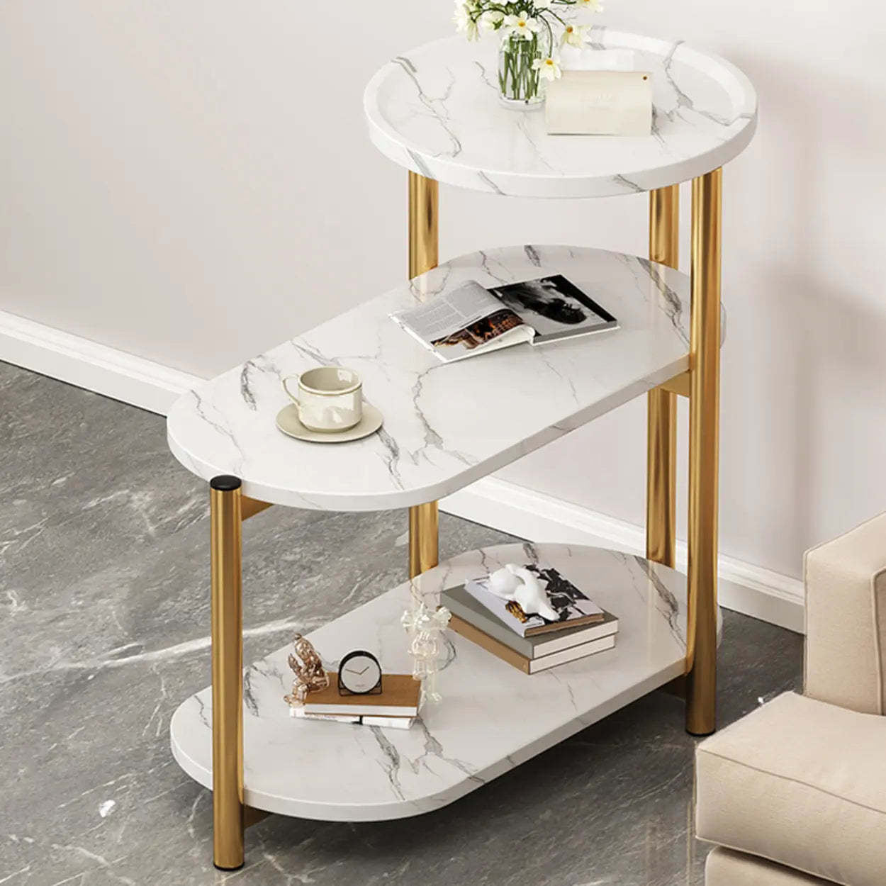 Oval Round Black Marble 3-Tier End Table — Gray