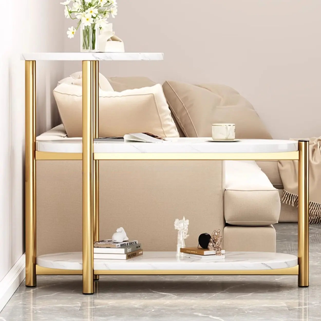 Oval Round Black Marble 3-Tier End Table — Black