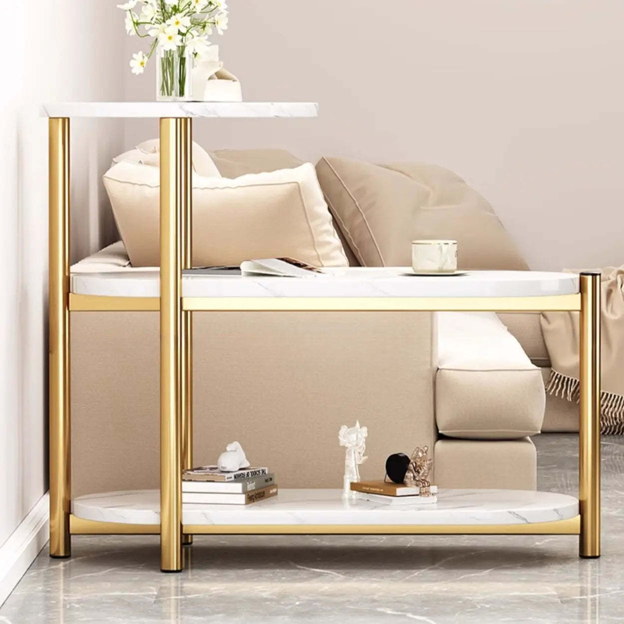 Oval Round Black Marble 3-Tier End Table — Black