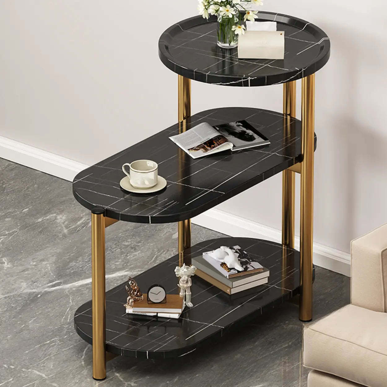 Oval Round Black Marble 3-Tier End Table — White