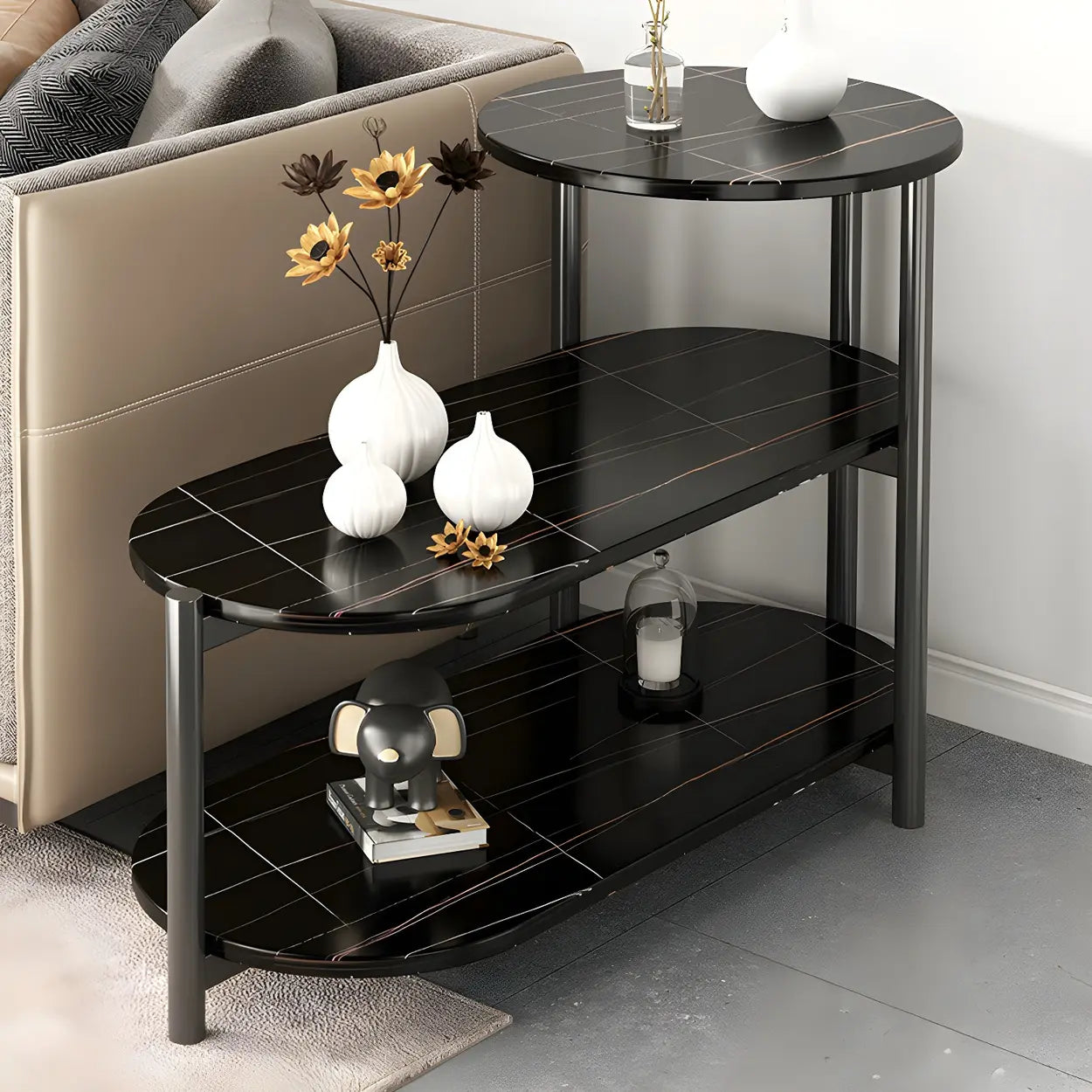 Oval Black Wood 3-Tier Side Table with Iron Base