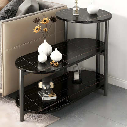 Oval Black Wood 3-Tier Side Table with Iron Base — Black-Black / 1