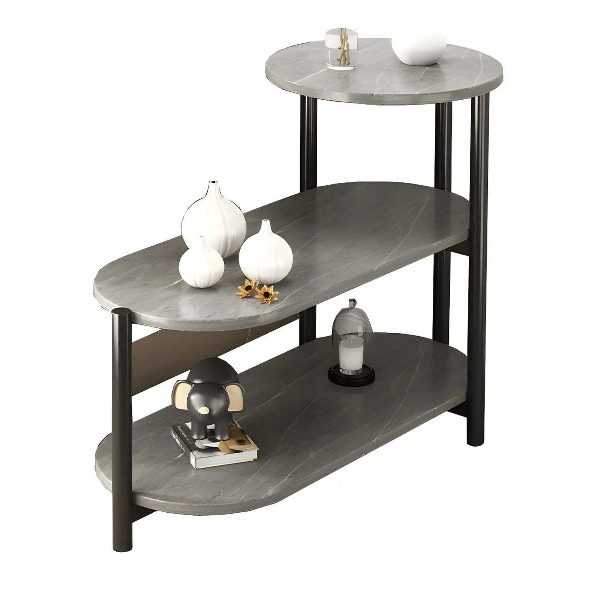 Oval Black Wood 3-Tier Side Table with Iron Base — Gray/ Black / 2
