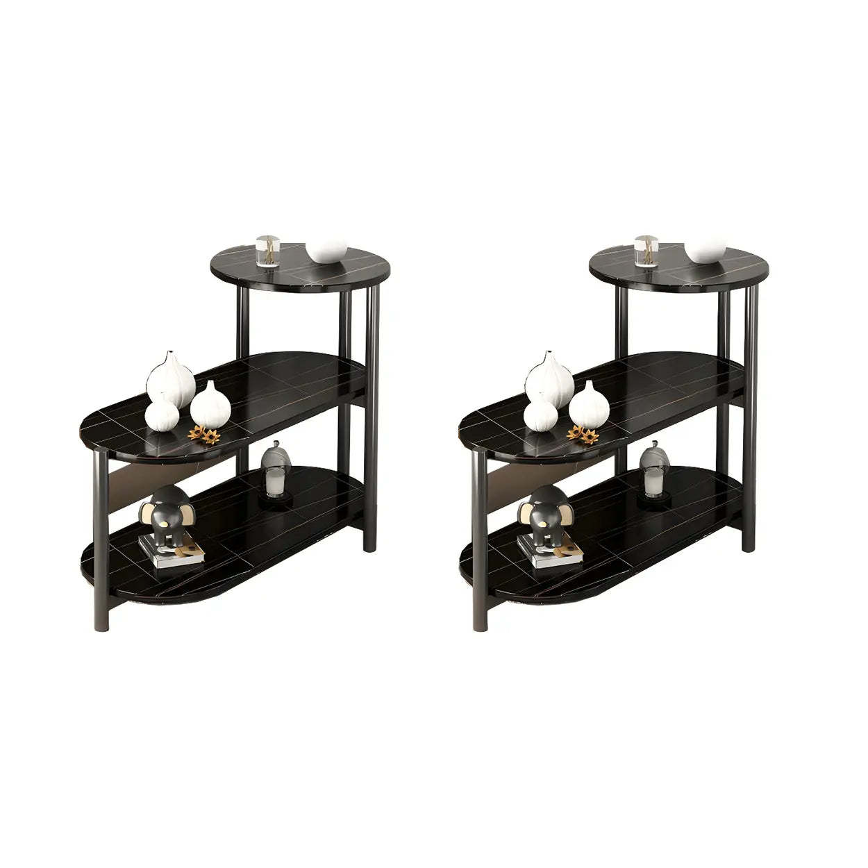 Oval Black Wood 3-Tier Side Table with Iron Base