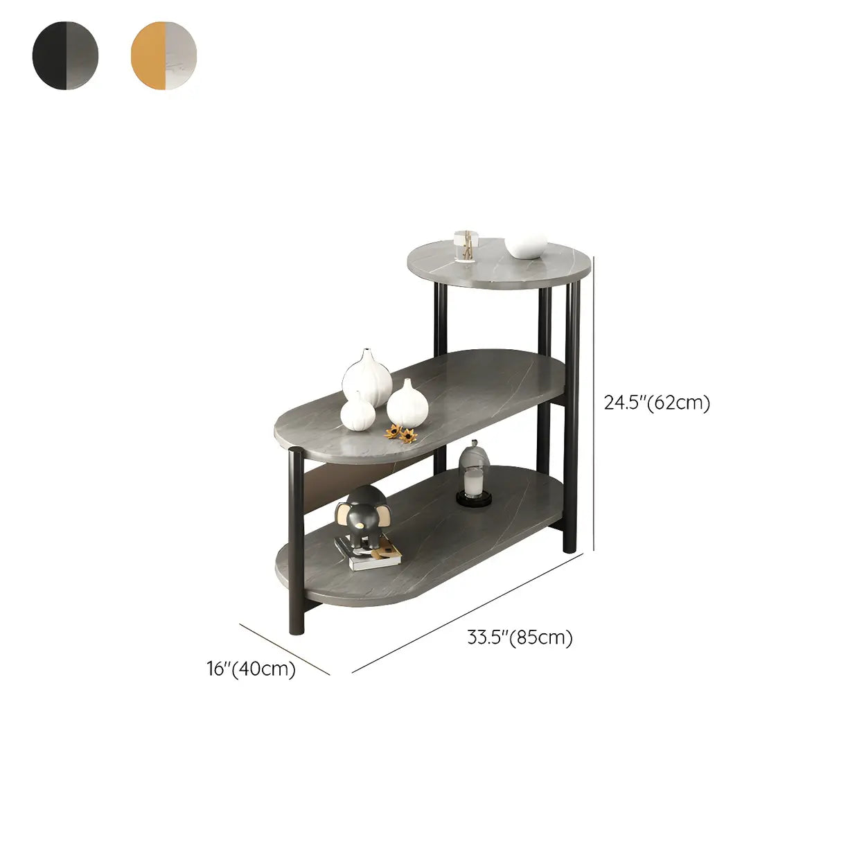 Oval Black Wood 3-Tier Side Table with Iron Base