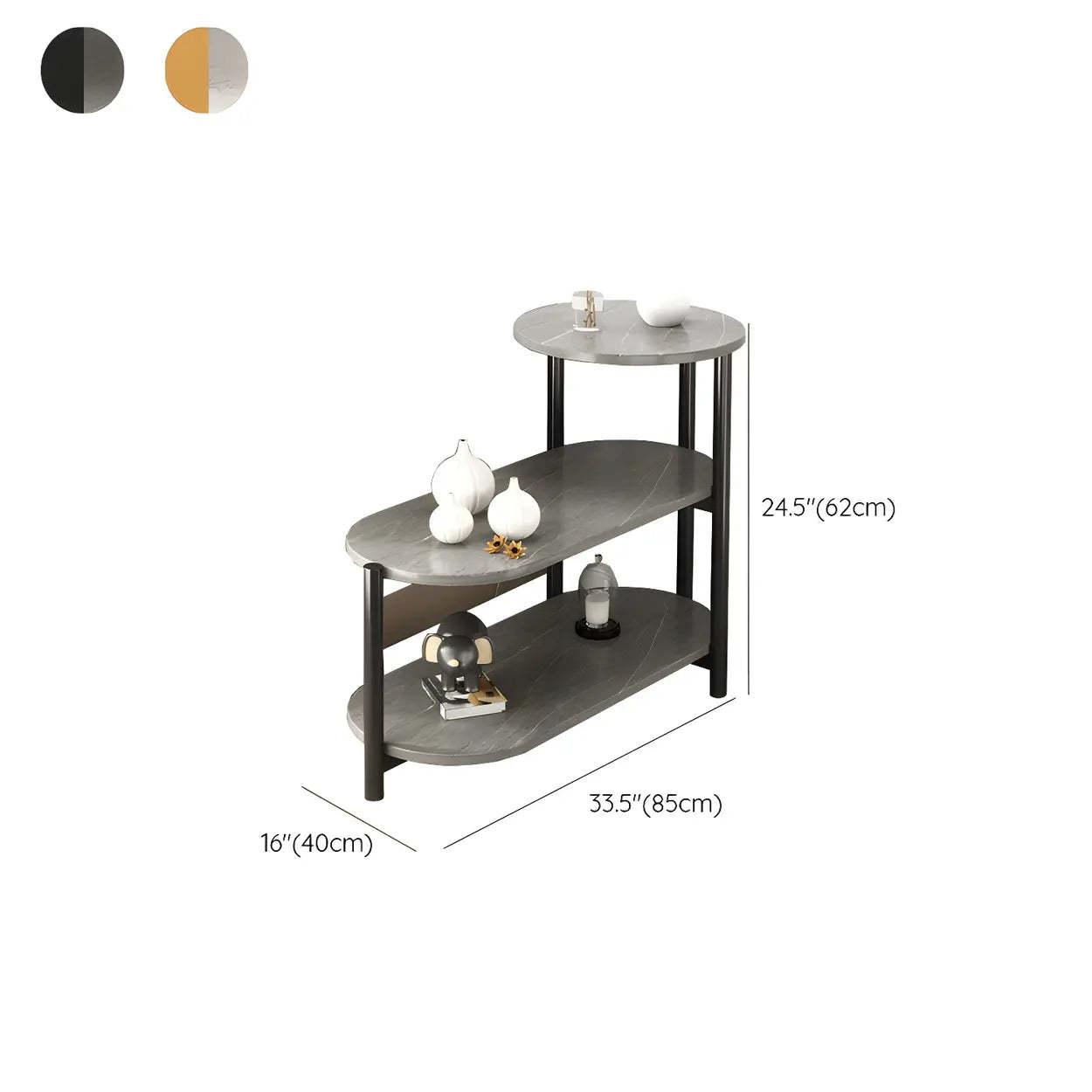 Oval Black Wood 3-Tier Side Table with Iron Base