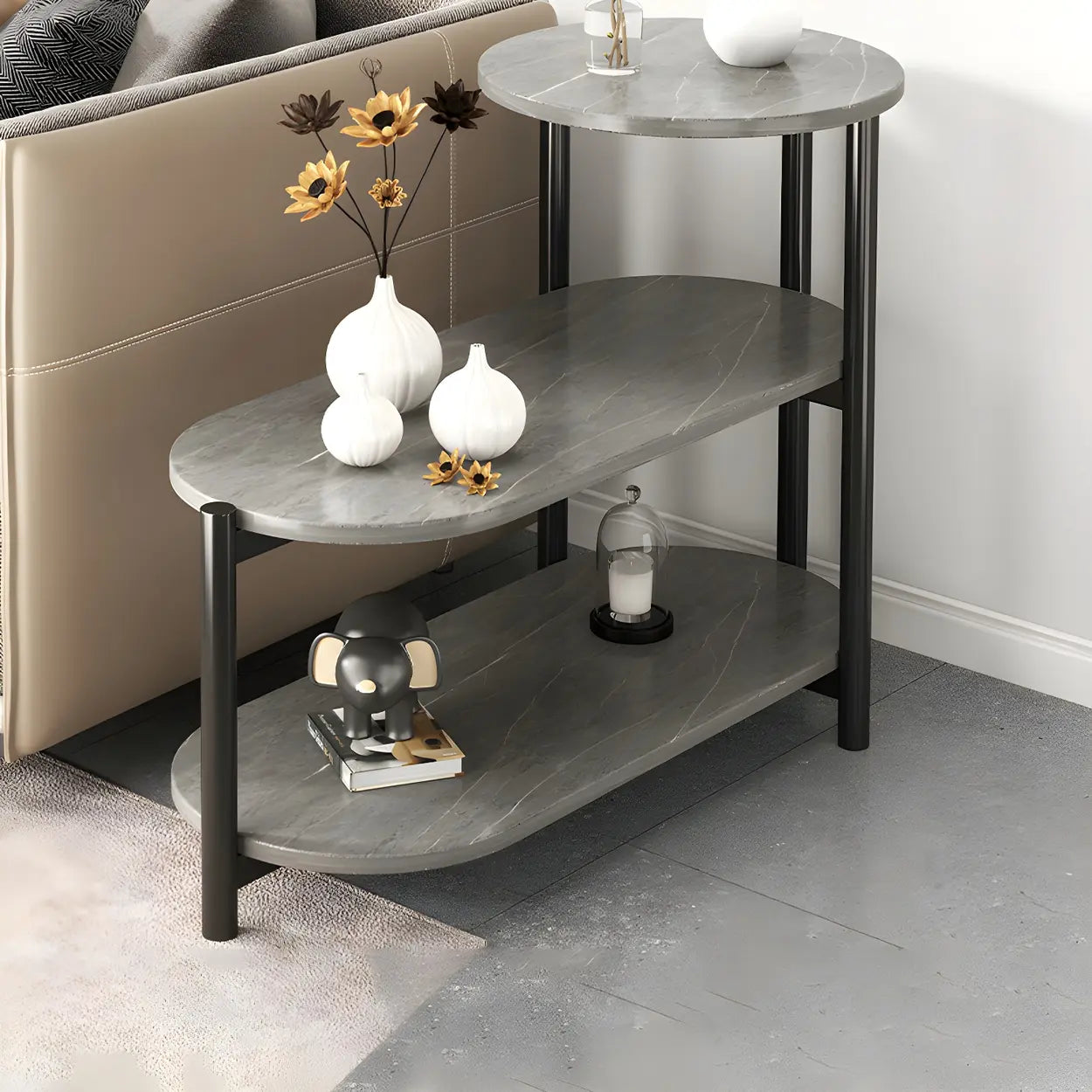 Oval Black Wood 3-Tier Side Table with Iron Base — Black-Black / 2
