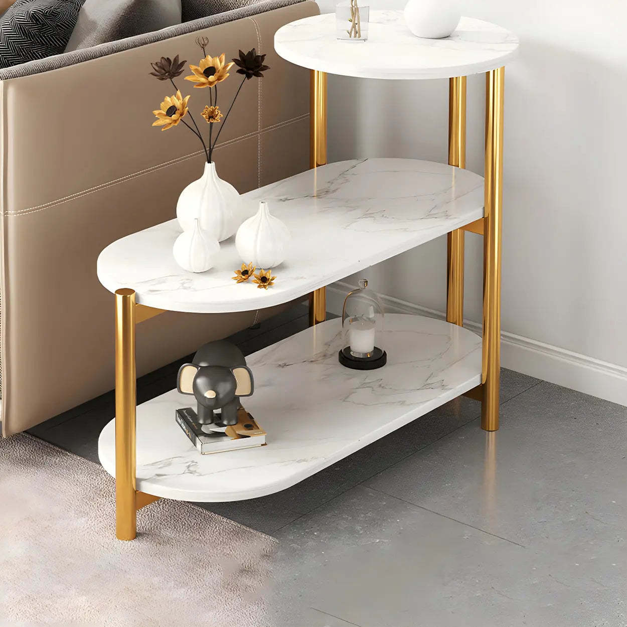 Oval Black Wood 3-Tier Side Table with Iron Base — White-Gold / 1