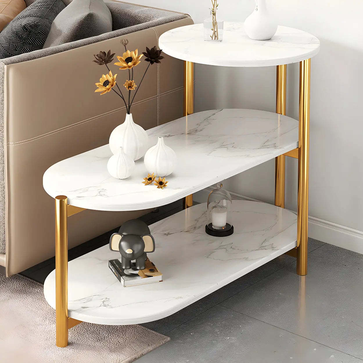Oval Black Wood 3-Tier Side Table with Iron Base — White-Gold / 2
