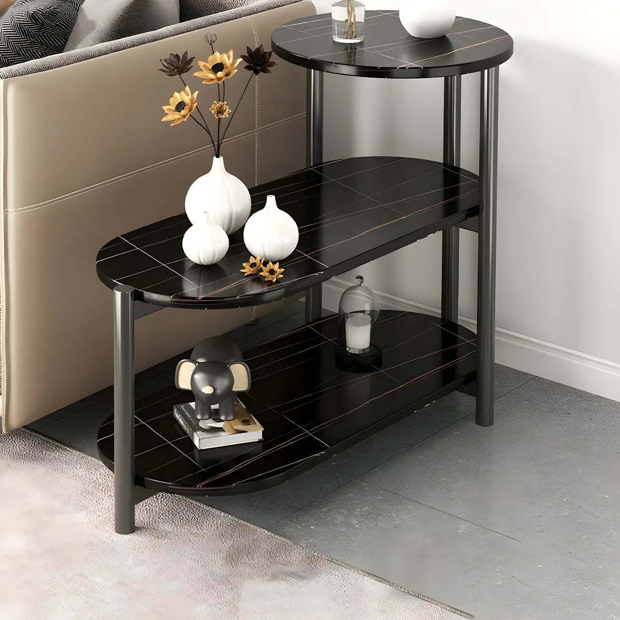 Oval Black Wood 3-Tier Side Table with Iron Base — Gray/ Black / 1
