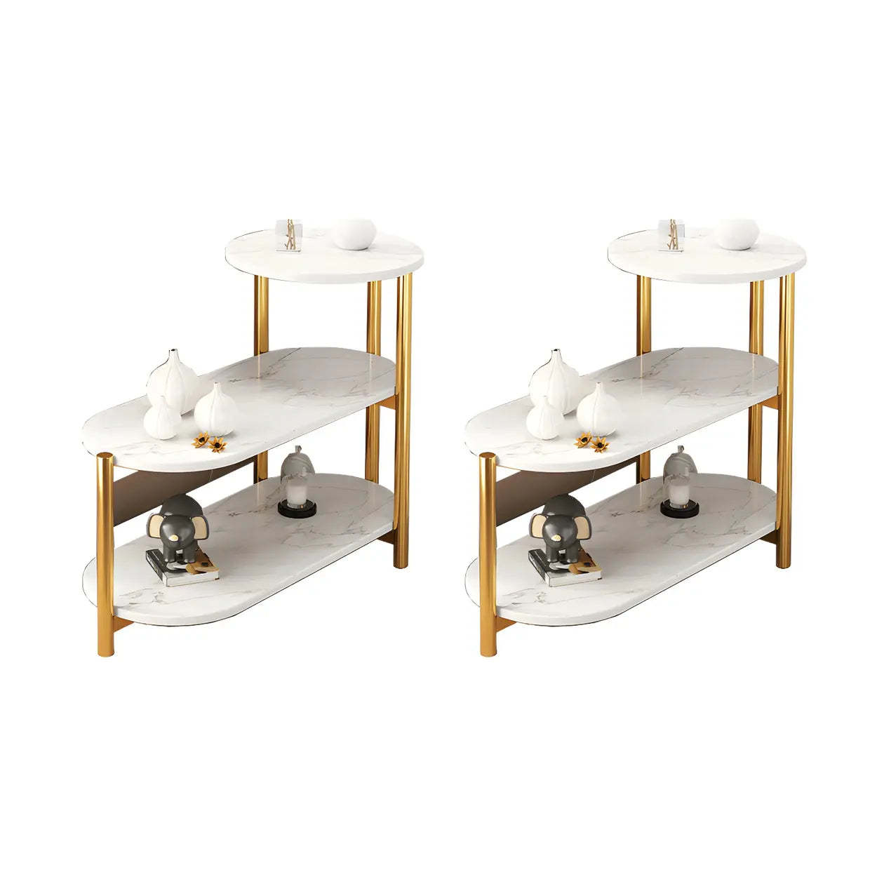 Oval Black Wood 3-Tier Side Table with Iron Base — Gray/ Black / 1