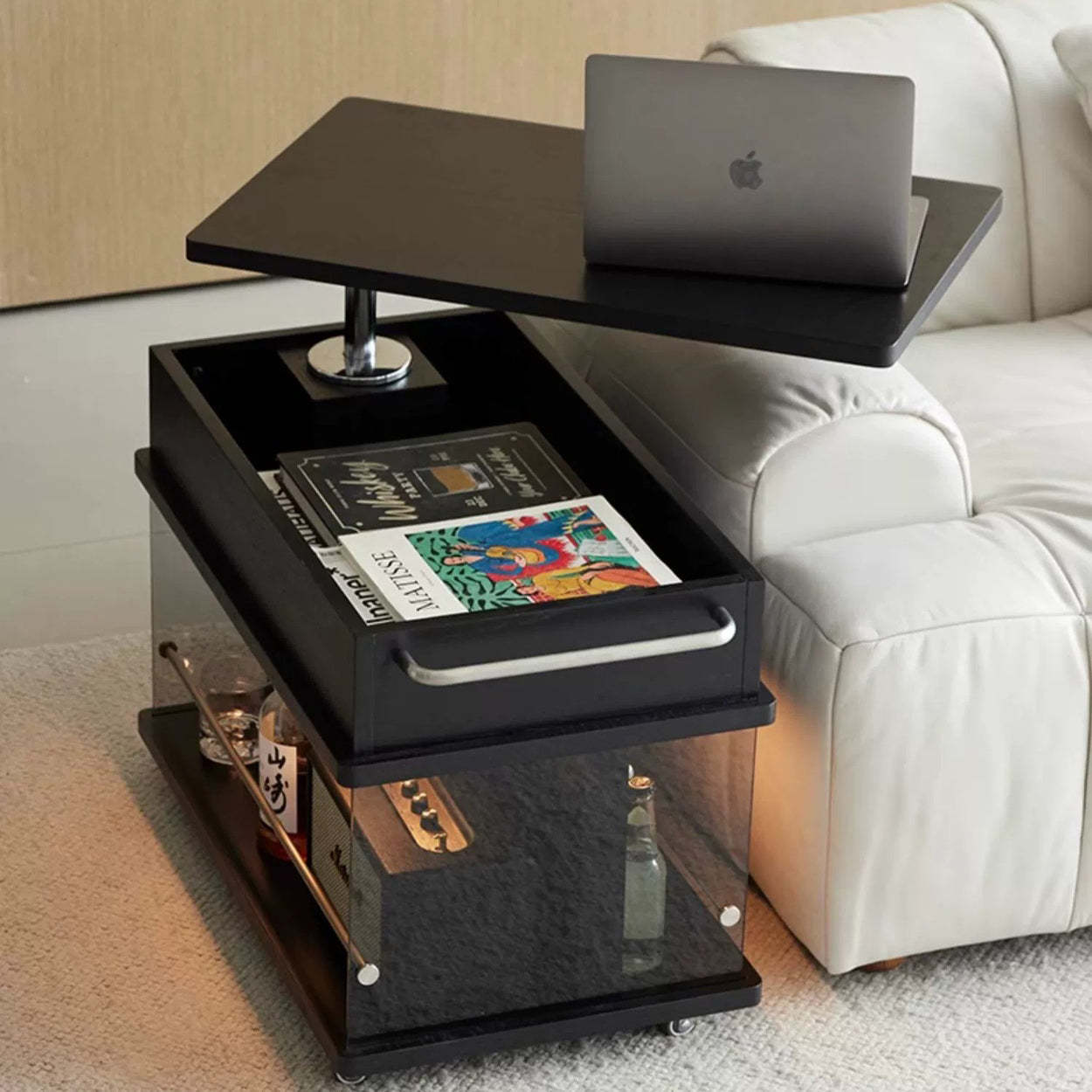Minimalist Wood Glass Lift-Top End Table 3-Storage