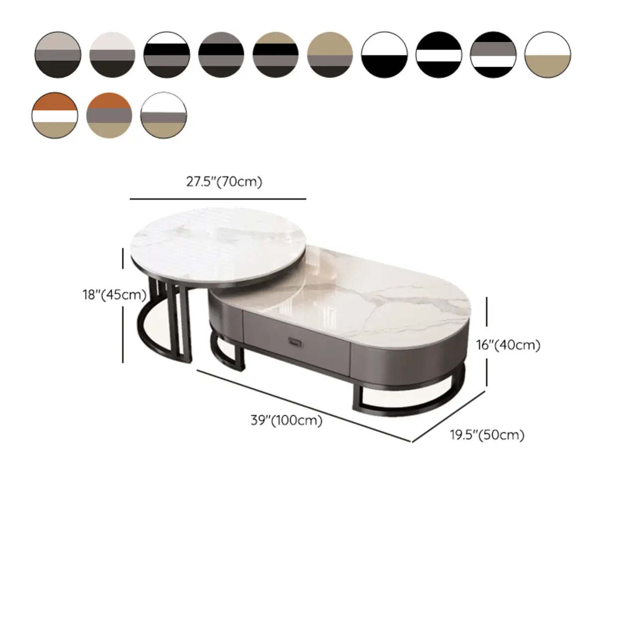Oval Stone-Top Steel Nesting Coffee Tables — Pandora/ Black / Black/ Grey