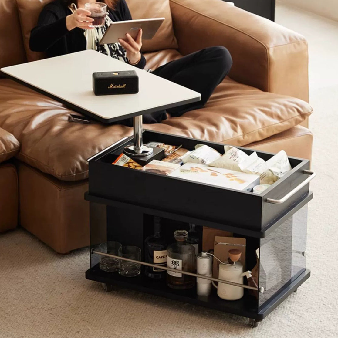 Minimalist Wood Glass Lift-Top End Table 3-Storage