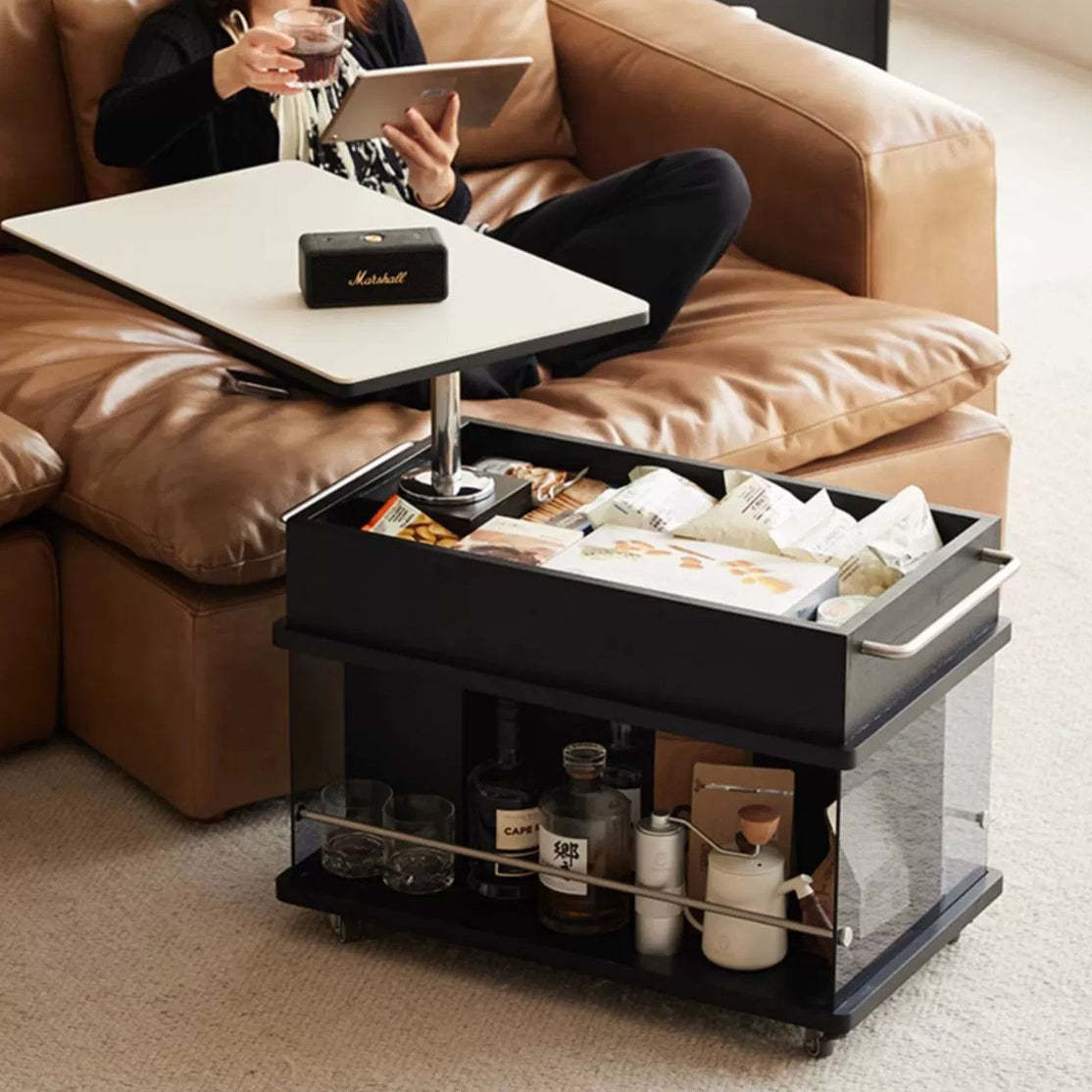 Minimalist Wood Glass Lift-Top End Table 3-Storage