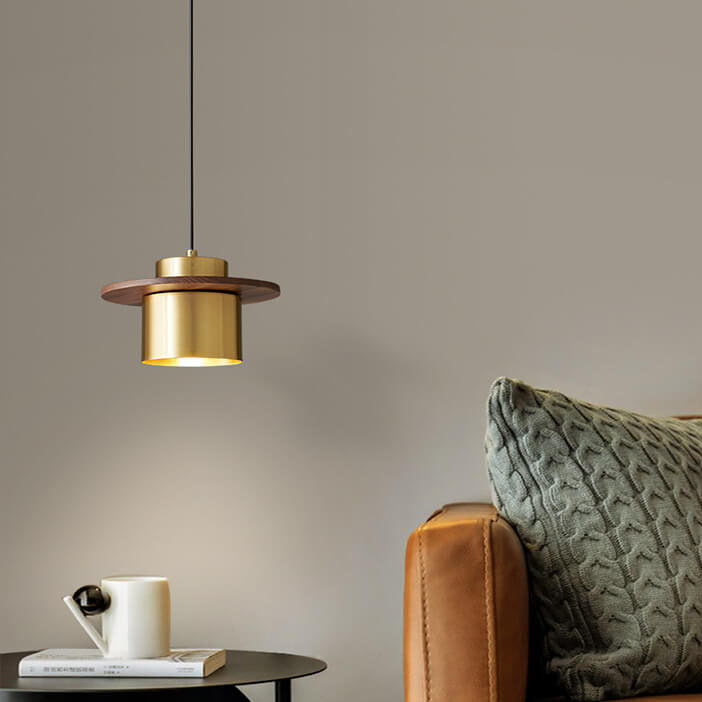 Nordic Luxury Walnut Brass Column Pendant Light