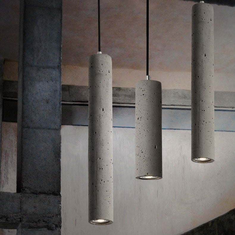 Contemporary textured cylinder pendant lighting in cement — 11.81" H x 1.57" W / Smooth Surface / 220V-240V (UK/AU)