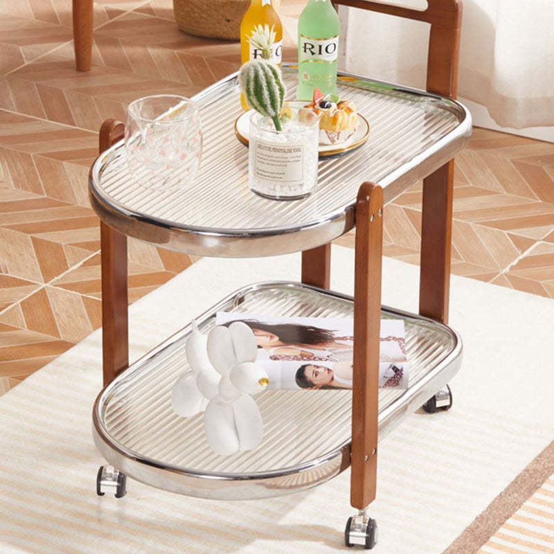Japanese Oval Wood Steel Glass 2-Tier End Table