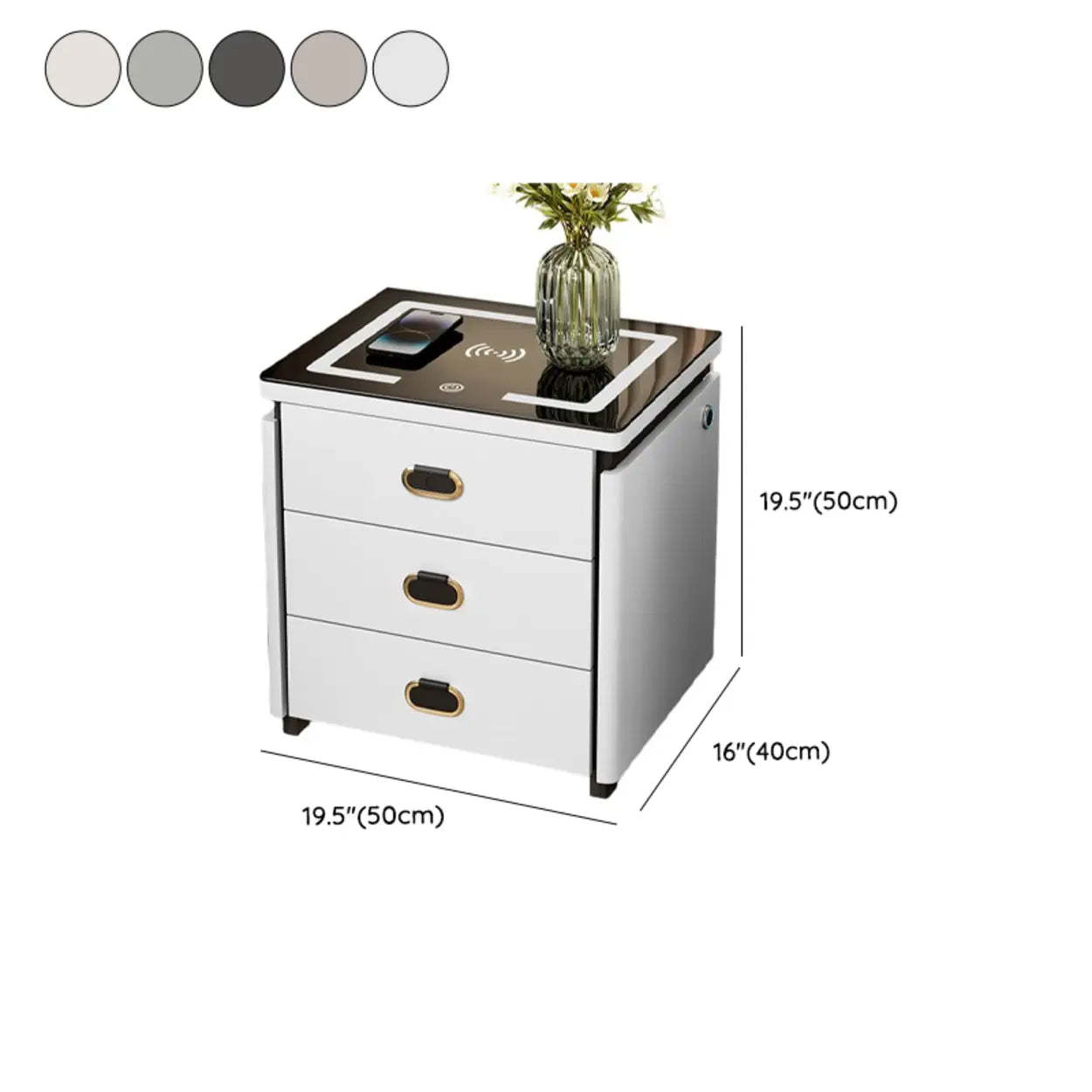 Modern 3-Drawer White Leather Nightstand with Lighting