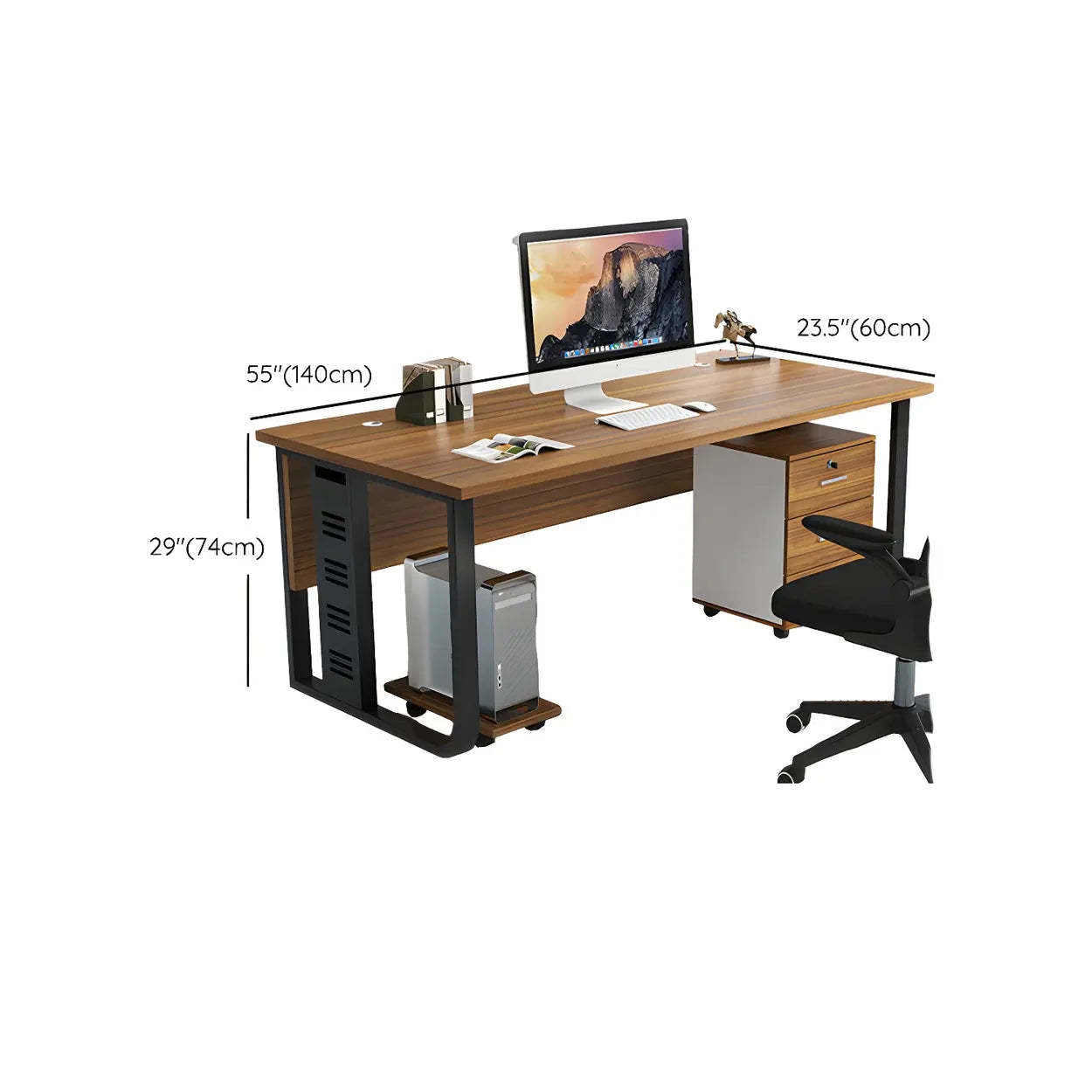 Brown Wood Drawer Steel Sled Computer Desk