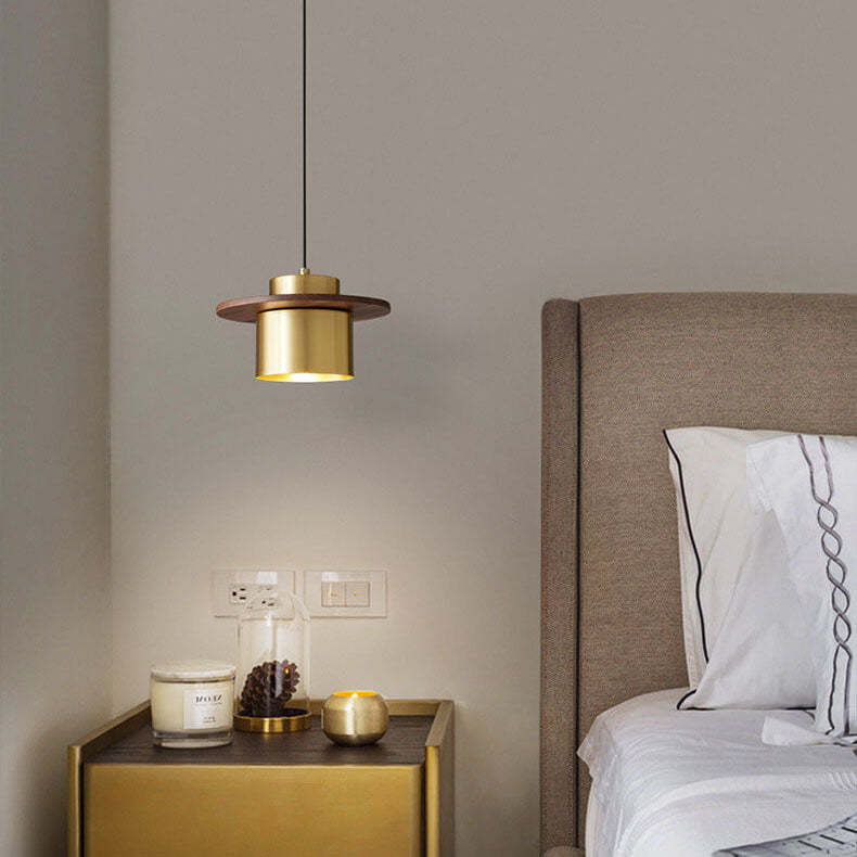Nordic Luxury Walnut Brass Column Pendant Light