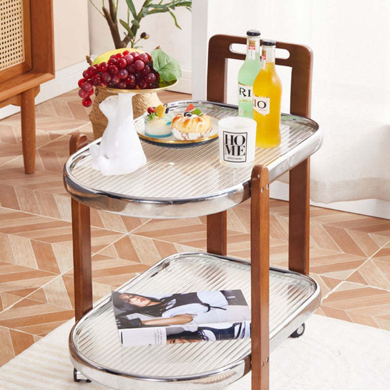 Japanese Oval Wood Steel Glass 2-Tier End Table