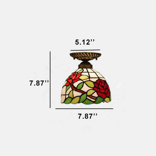 Vintage Tiffany Red Rose Glass Ceiling Light