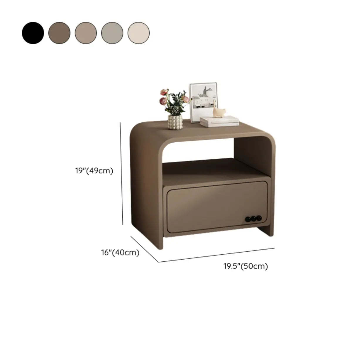Curved Off-White Wood Nightstand with Drawer and Shelves