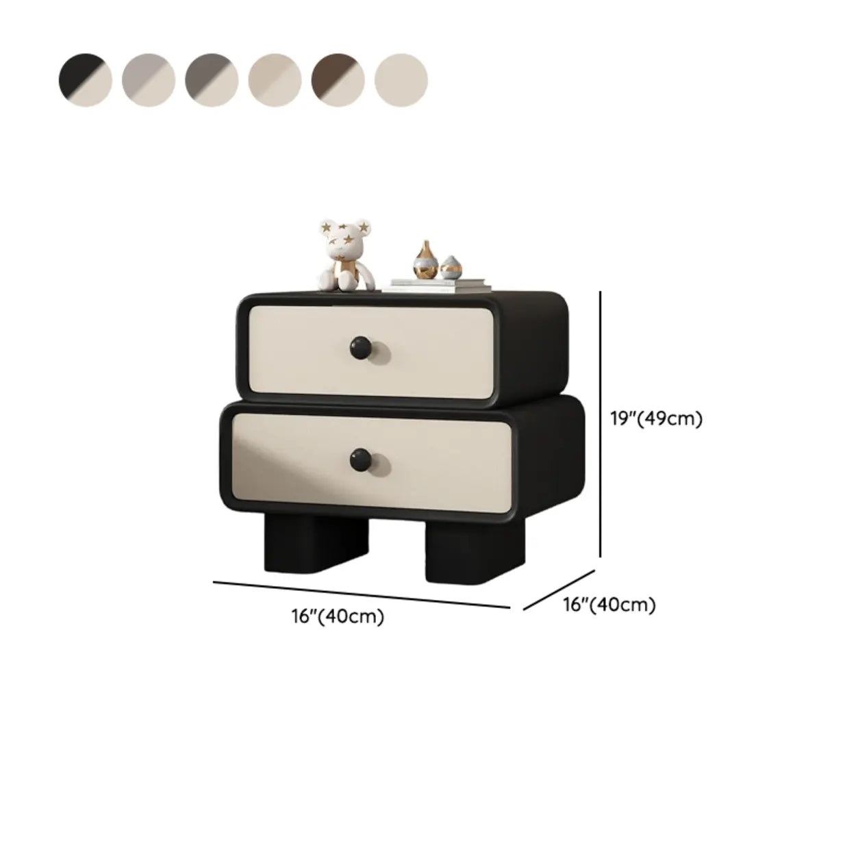 Modern Black Cream Leather 2-Tier Nightstand — Light Gray/ Beige