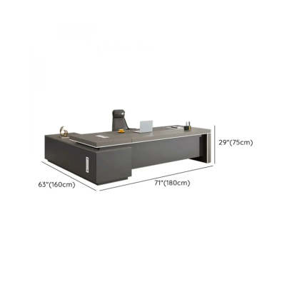 Gray L-Shaped Walnut Desk with Drawers and Shelves