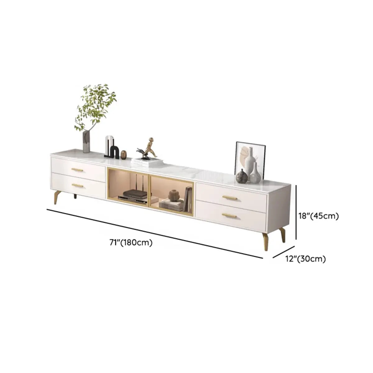 White Stone Cabinet Drawer Long TV Stand