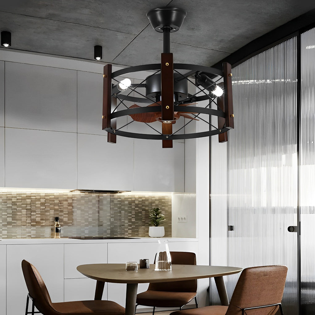 Retro Metal Black American Bladeless Ceiling Fan Chandelier