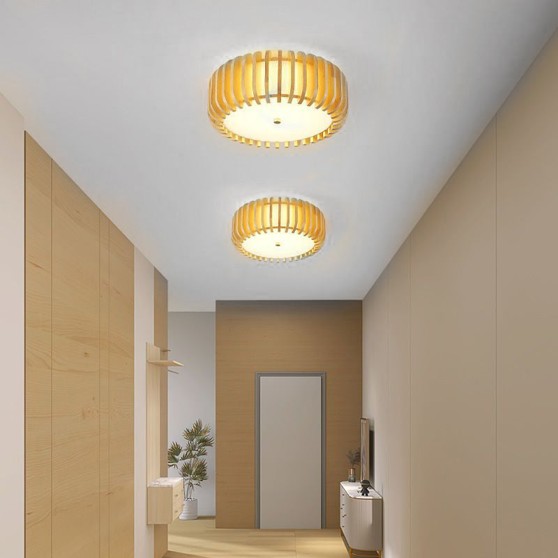 Rustic 3-step round flush mount lighting in wood — 13.8" / Warm White (3000K)