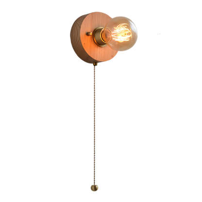 Round/Square Vintage Walnut Wood Wall Lamp 1-light with Pull Chain Switch-Lighom