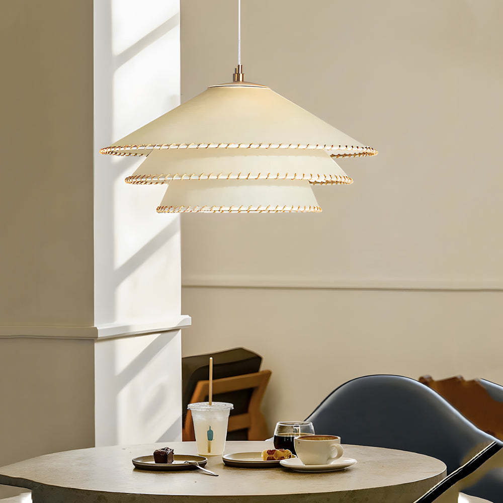 Rustic 3-Tier Parchment 1-Light Fabric Shade Pendant Light