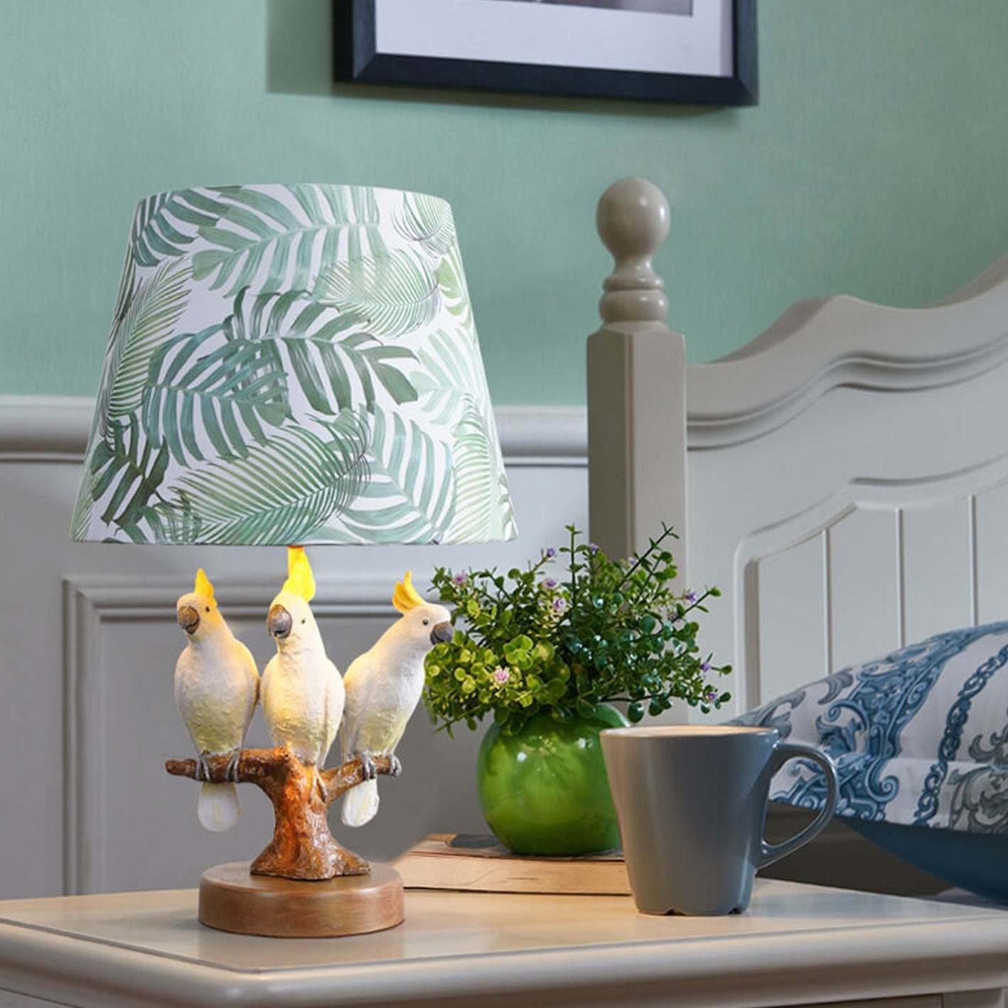 Nordic Leaf Fabric Resin Bird Table Lamp