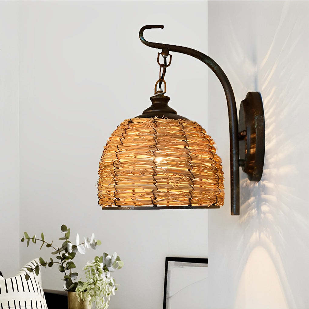 Hand Weaving Rattan Grass Iron Retro Rustic Wall Lamp Wall Light Fixture-Lighom