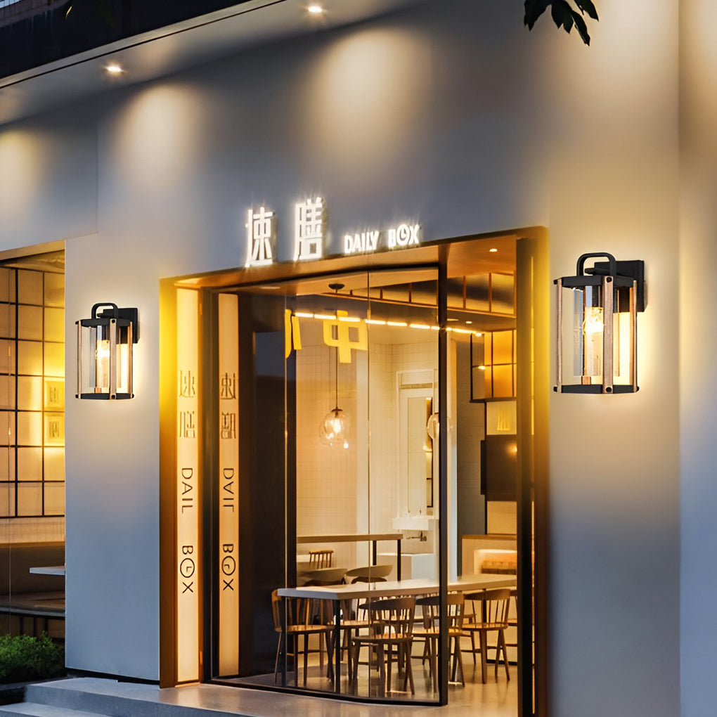 Lantern Shaped Waterproof Glass Black Industrial Outdoor Wall Sconce Lighting-Lighom
