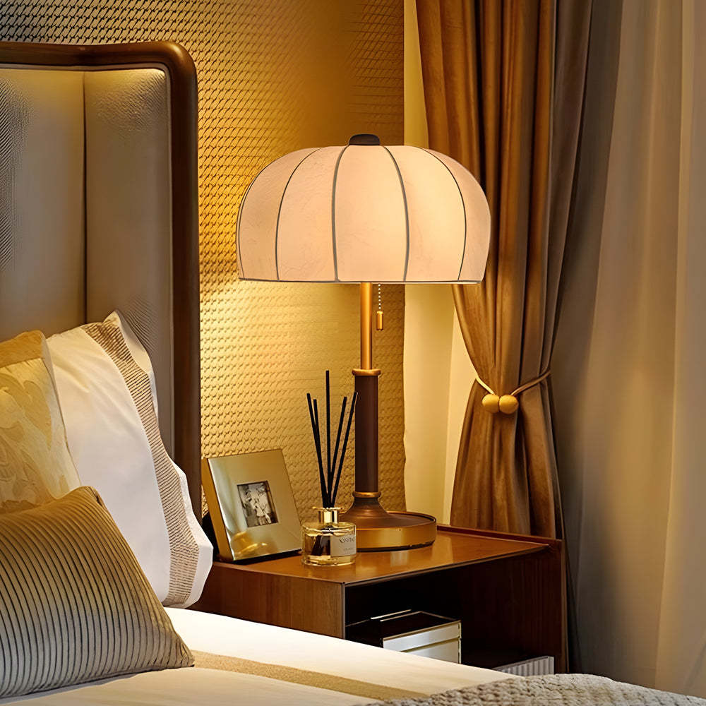 Retro Brass Dome Fabric Table Lamp Pull Chain Bedroom Lamp-Lighom