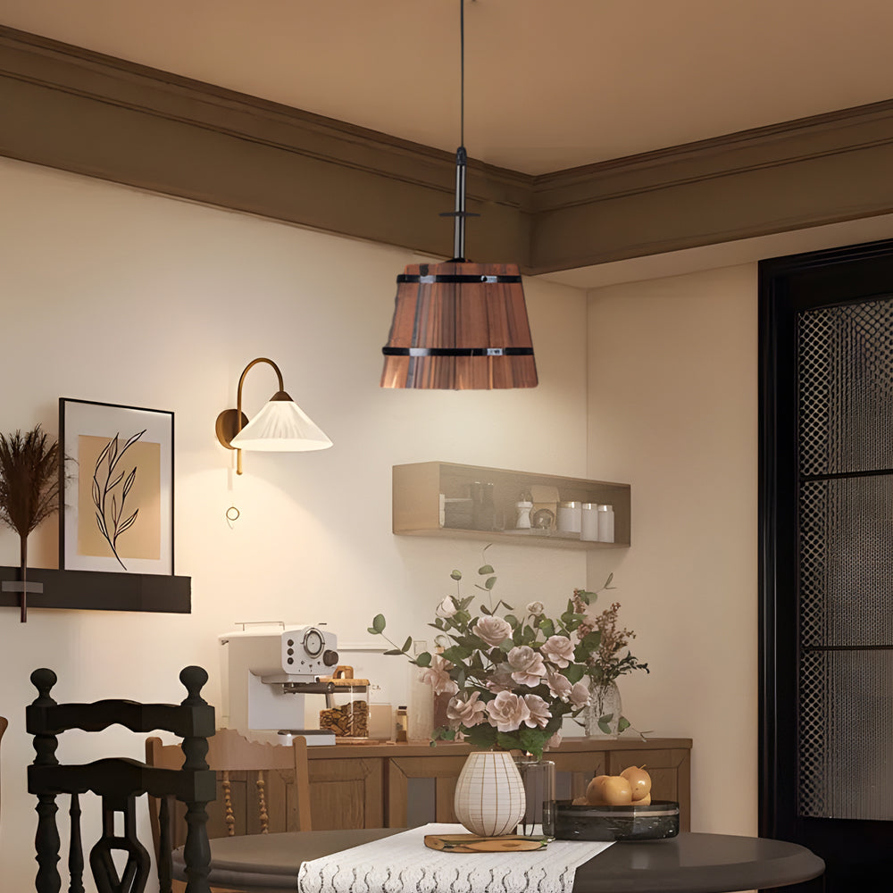 Rustic Wood Bucket Shade Cafe Pendant Light
