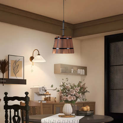 Rustic Wood Bucket Shade Cafe Pendant Light