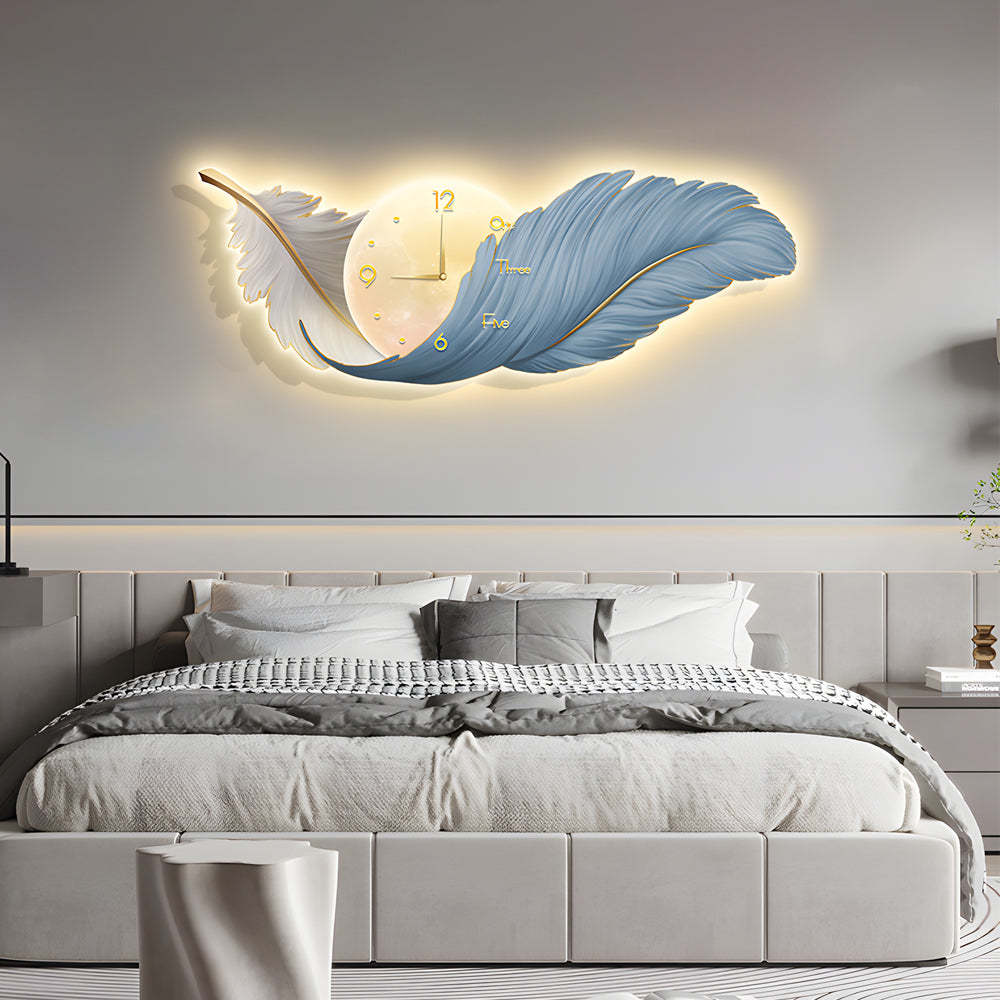 2-In-1 Wall Feather Painting Hanging Decor LED Wall Lamp Wall Clock-Lighom