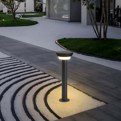 Modern Black Round LED Solar Outdoor Path Light with Stake - Garden Bollard Light-Lighom