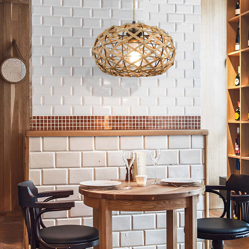 Round Hand-Woven Cage Rope Beige Retro Pendant Chandelier