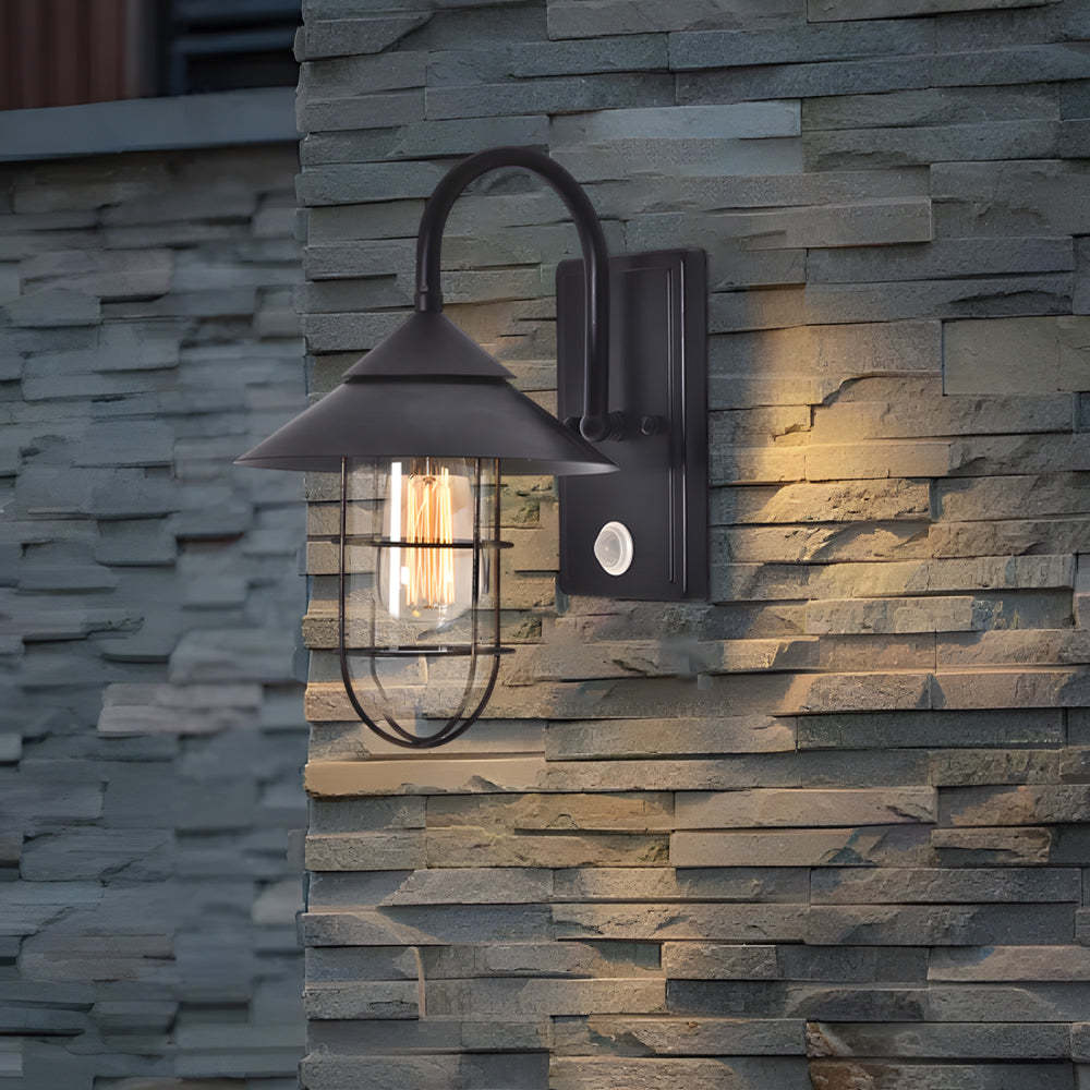 Retro Round Iron Glass Waterproof Motion Sensor Black Outdoor Wall Lights-Lighom
