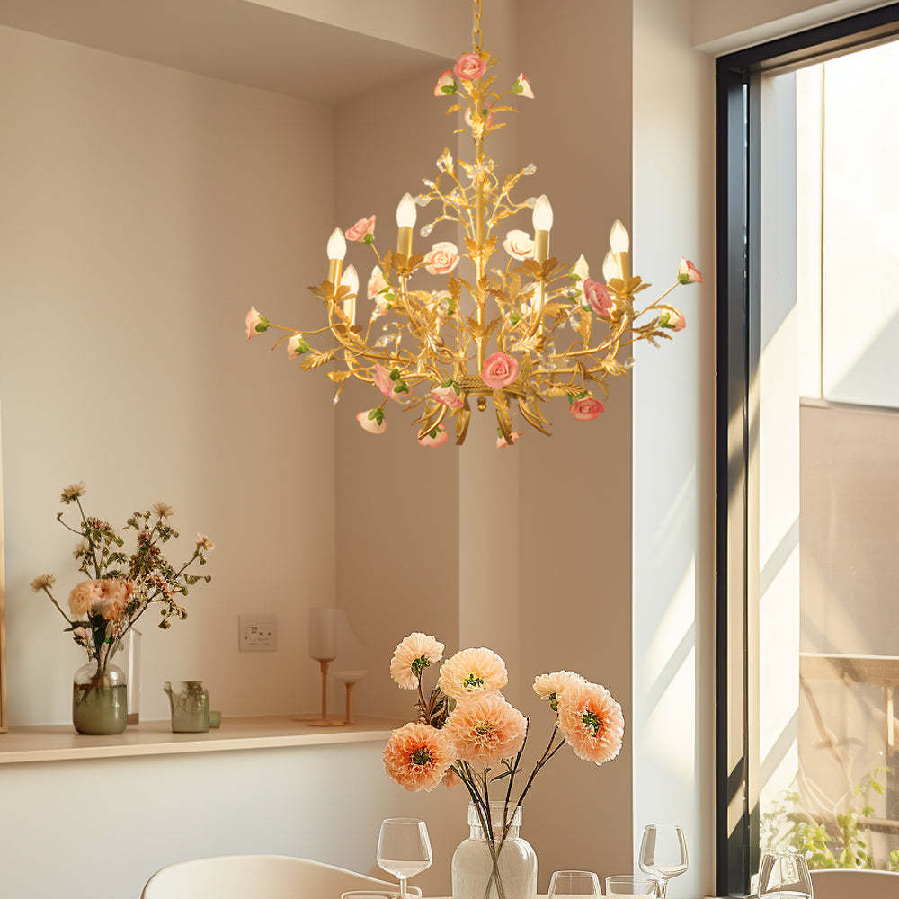 French Pink Rose Candlelight Pastoral Chandelier