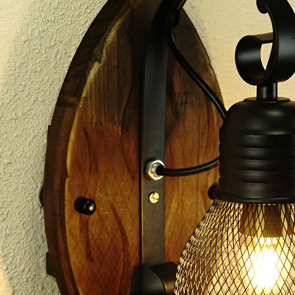 Rustic Antique Wood Iron Hollow Mesh Black E27 Industrial Style Wall Lamp-Lighom