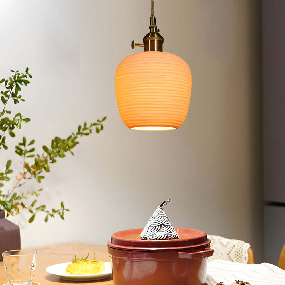 Round Striped Handmade Ceramic Brass Japanese Chandelier